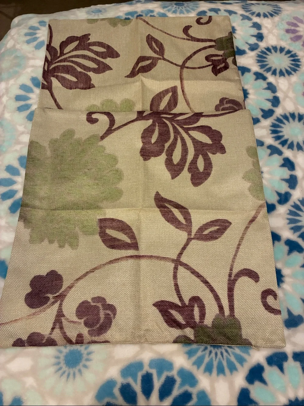 Textured Cream Decorative Pillow Covers with Green and Brown Floral Detail